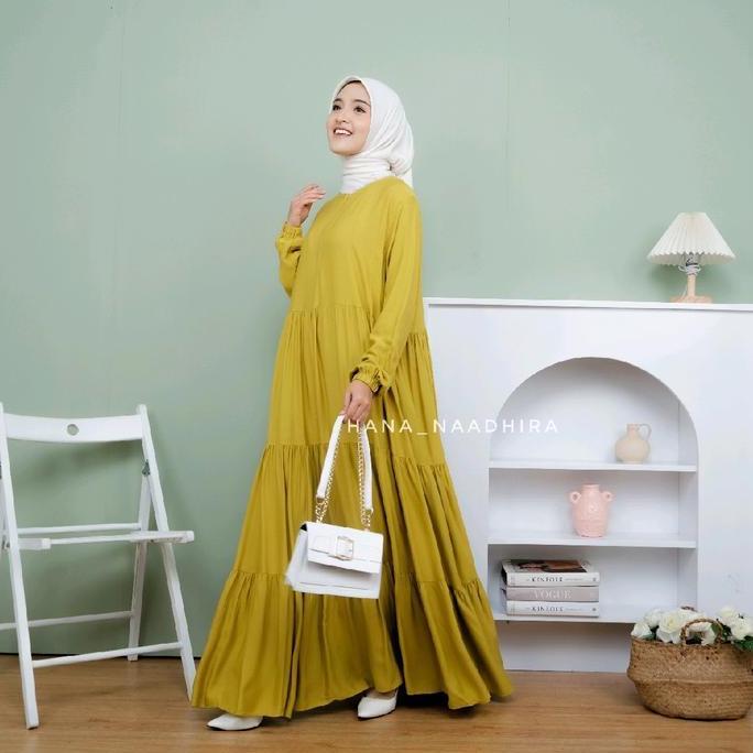 Khza- Gamis Rayon Twill Dress Muslim Nita Fit Polos Susun Canda Katun Hanum Dress Gamis Rayon Polos 
