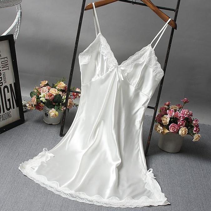 Ninabobo Bt004 Lingerie Dress Satin Mini Deep V Silk Baju Tidur Wanita Mini Daster Renda