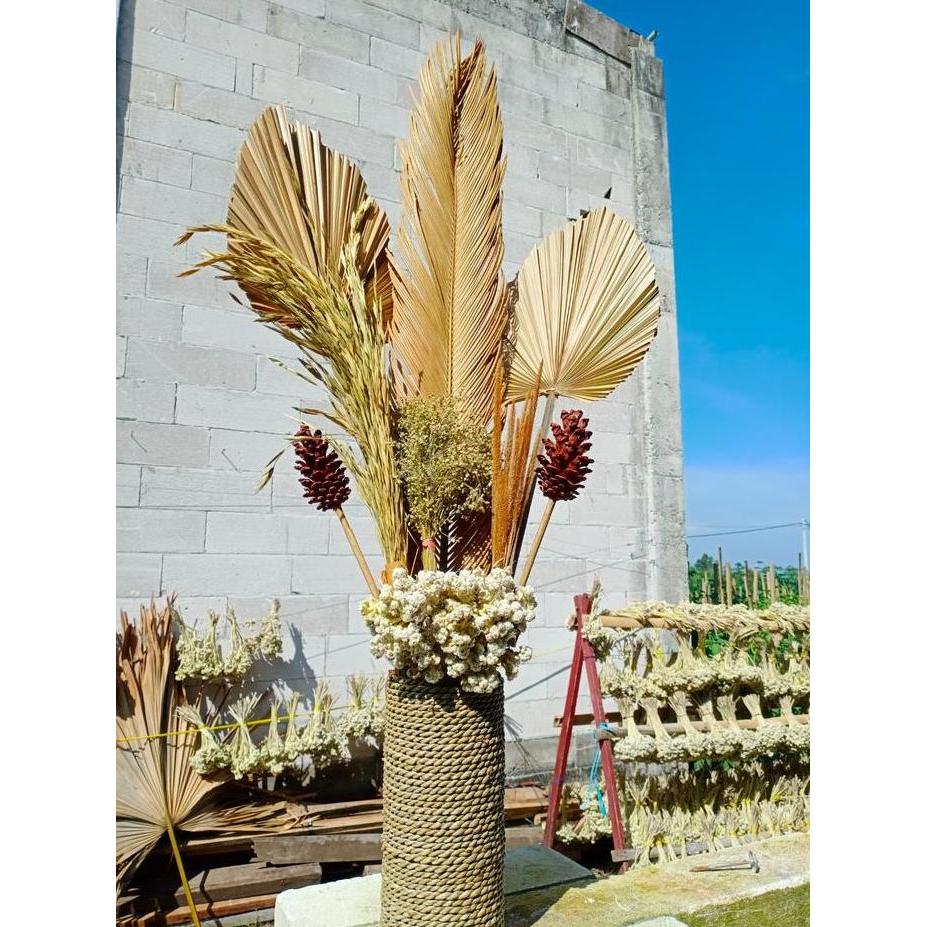Bunga Kering+Pot Mendong/Daun Palem Kering/Bunga Kering Aesthetic Pot Terlaris