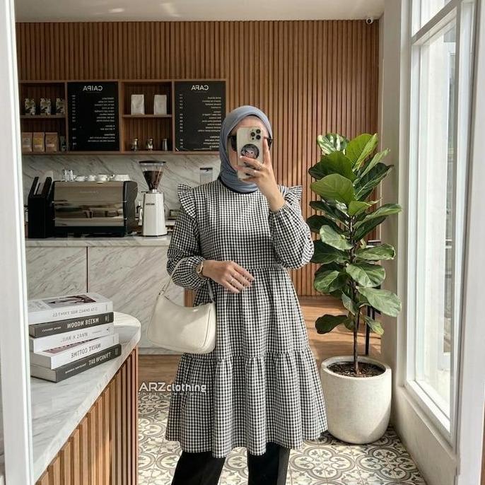 Elula tunik Size S M L XL XXL XXXL JUMBO Tunik Kotak-kotak Serut Pakaian Wanita Muslimah Terbaru Pal