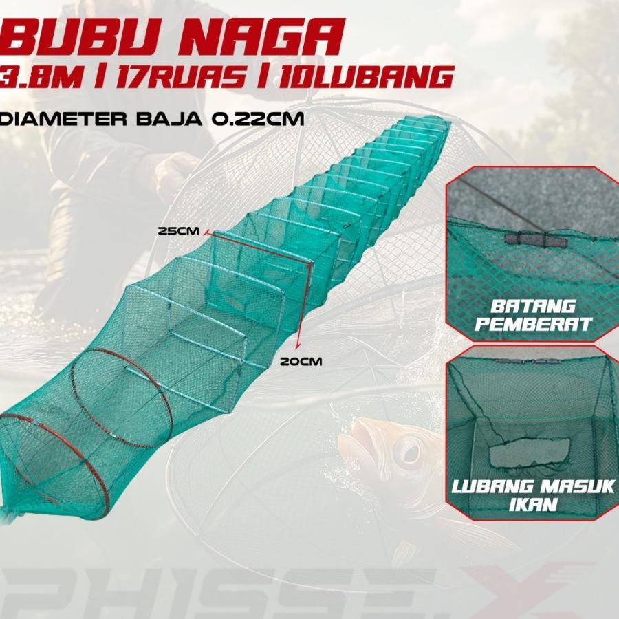 Phisse.X Jaring Bubu Naga 3.8 Meter 17 Ruas 10 Lubang Perangkap Ikan Besar Berbahan Jaring Kuat/ Jar