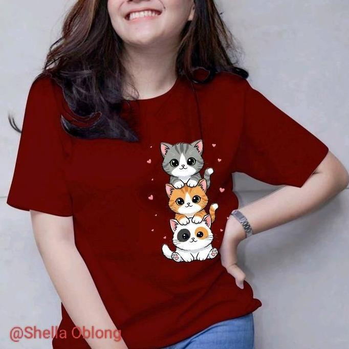 Baju Kaos Atasan Pria/wanita KUCING 3 NUMPUK Oblong Koko Dusty Pink Musim Dingin Distro Kopiah Batik
