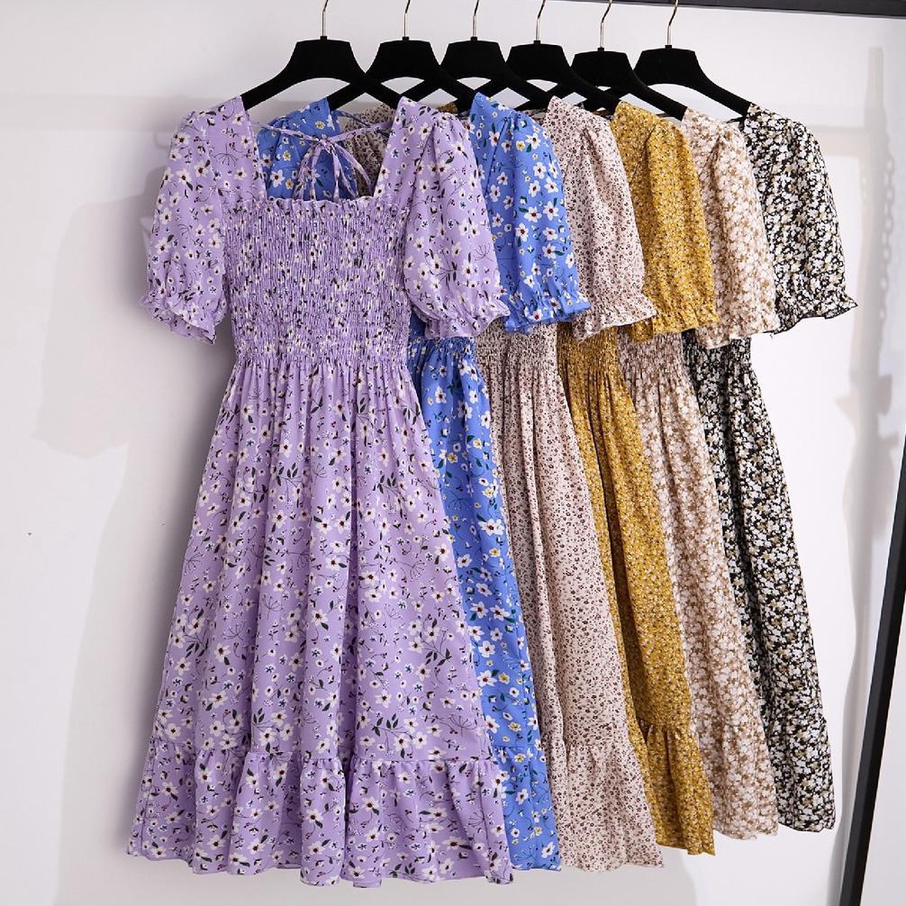 Kualitas Tinggi New Hitam Kuning Merah Muda Hijau Merah Biru Ungu Floral Midi Dress Korea Style Pant