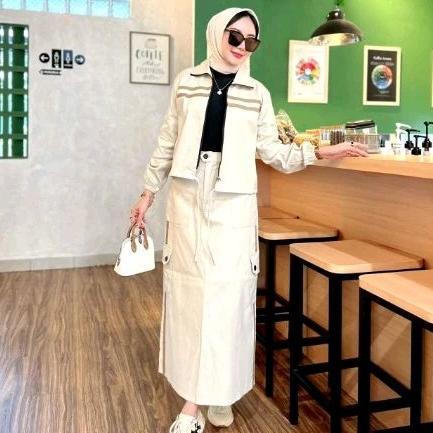 NEW One Set Rok + Jaket Bomber Cargo ZAHRA Setelan Set Rok Terbaru Korean Style Bahan Fleece Premium