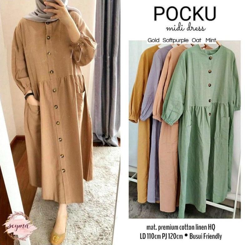 Midi Dress Polos Katun Linen Rami Premium Pocku Midi Dress Katun Linen