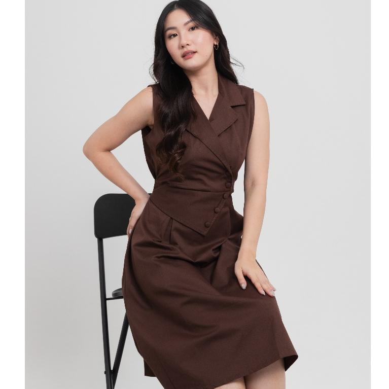 WAJIB PUNYA Valeriestyle - Elise - Dress Midi Wanita Blazer Collar Tanpa Lengan Katun Premium 202