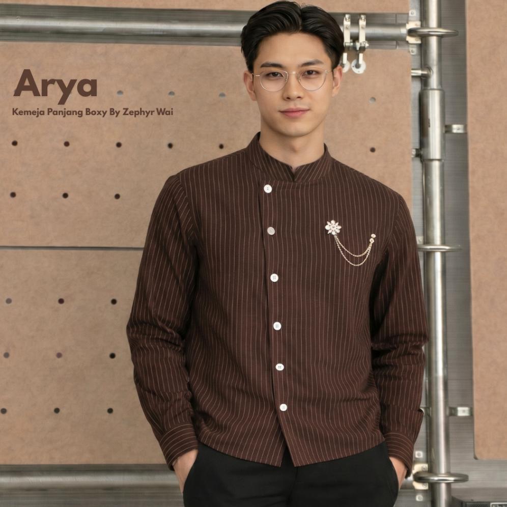 HOT ARYA - Beskap koko kemeja boxy lengan panjang moderen baju formal stripe pria raya lebaran undan