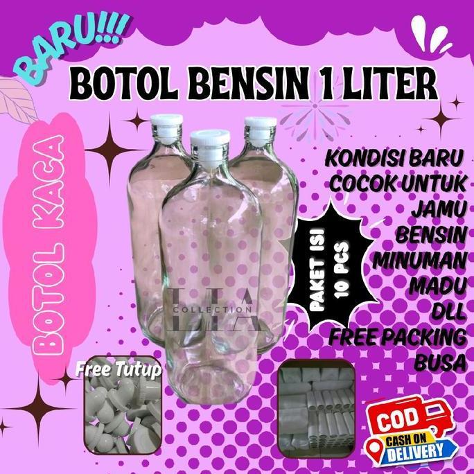 2Nd- Paket 10 Pcs Botol Kaca 1 Liter Untuk Madu Bensin Jamu Minuman Kualitas Dengan Tutup Rapat Baru
