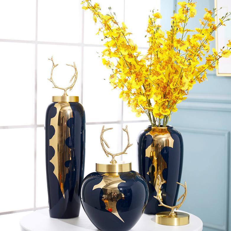 Vas Bunga Keramik Tanpa Tutup Navy Gold & Jade Green Gold / Guci Keramik / Pajangan Meja