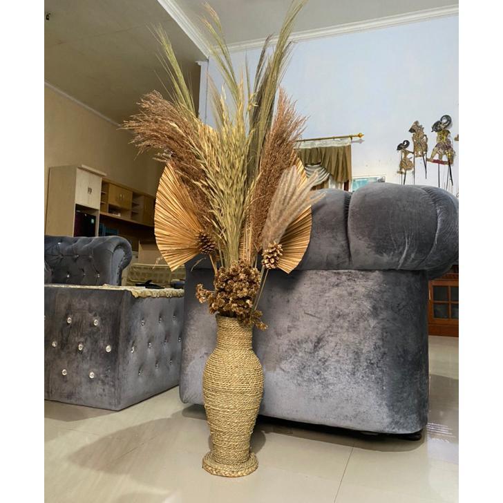 Paket Hemat Bunga Kering Dan Pot Guci Tinggi 50Cm/Dekorasi Kamar/Home Decor/Dekorasi Rustic/Daun Pal