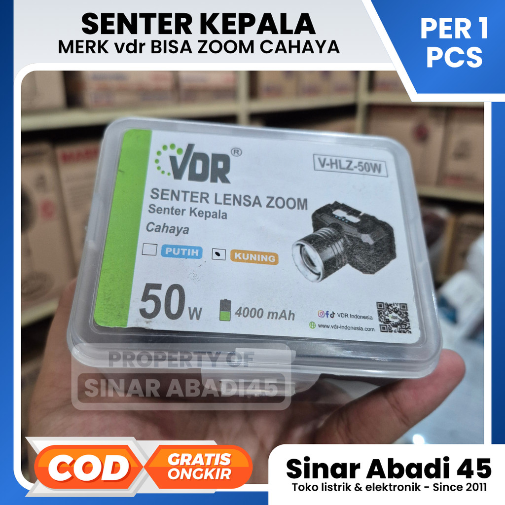 Senter Kepala VDR V-HLZ 50W Headlamp LED Zoom 4000mAh Senter Headlamp Cas Cahaya Putih Kuning Senter