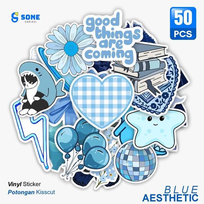 New- Sticker Pack Blue Aesthetic / Stiker Animasi Paper Vinyl Deco Buku Jurnal Tumbler Laptop Aesthe