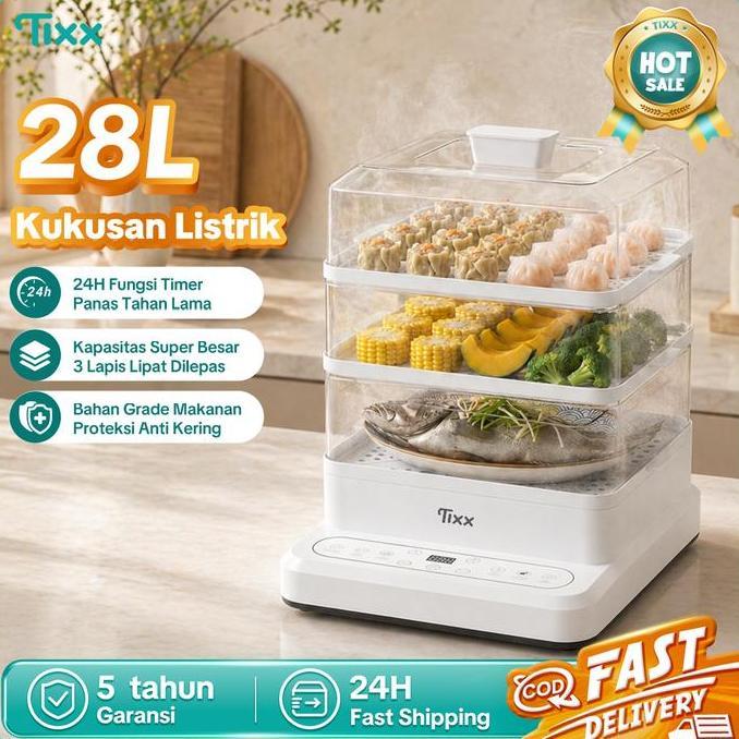 Tixx Pengukus Listrik Multifungsi 28L 3 Lapis Sterilisator Botol Bayi Pemanas Makanan Reservasi 24 J