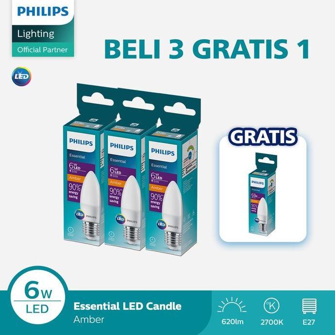 Paket Lampu Philips Beli 3 Dapat 4  Lampu Philips Bohlam ESS LED Candle  6W E27 2700K Kuning .