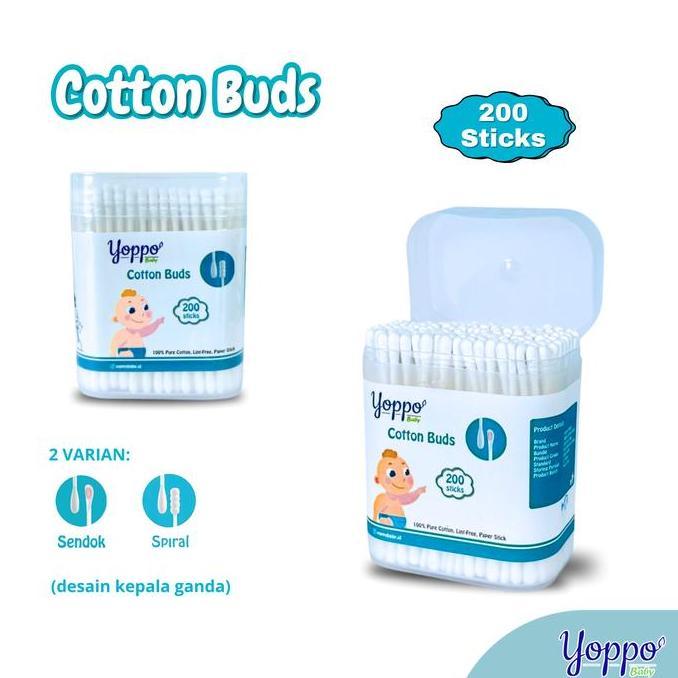 Yoppo Baby -  Cotton Bud 200 Pcs / Cotton Bud Sendok / Cotton Bud Spiral Bayi