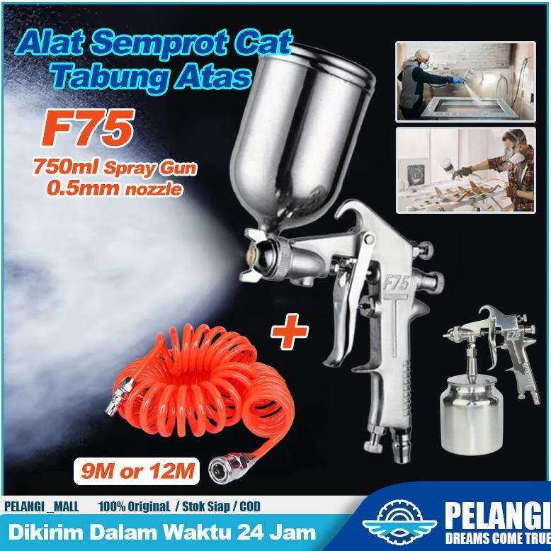 Paket Alat Semprot Cat Angin Spray Gun Spet F75 Tabung Atas Dan Selang Recoil Selang Kompresor