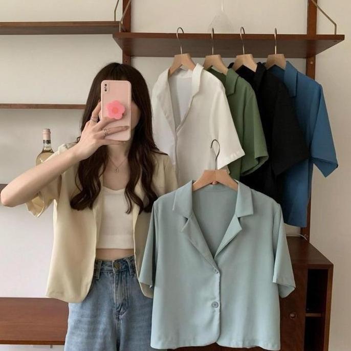 Bebasaja- Kemeja Blazer Korea Crop Top Blus Wanita Lengan Pendek Bahan Shakila Twill By Ja Fashion B