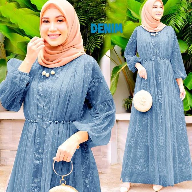 Gamis Salina Tile Mutiara Busui Dress dengan Tangan Wudhu Friendly dan Aksesoris Mutiara di Pinggang