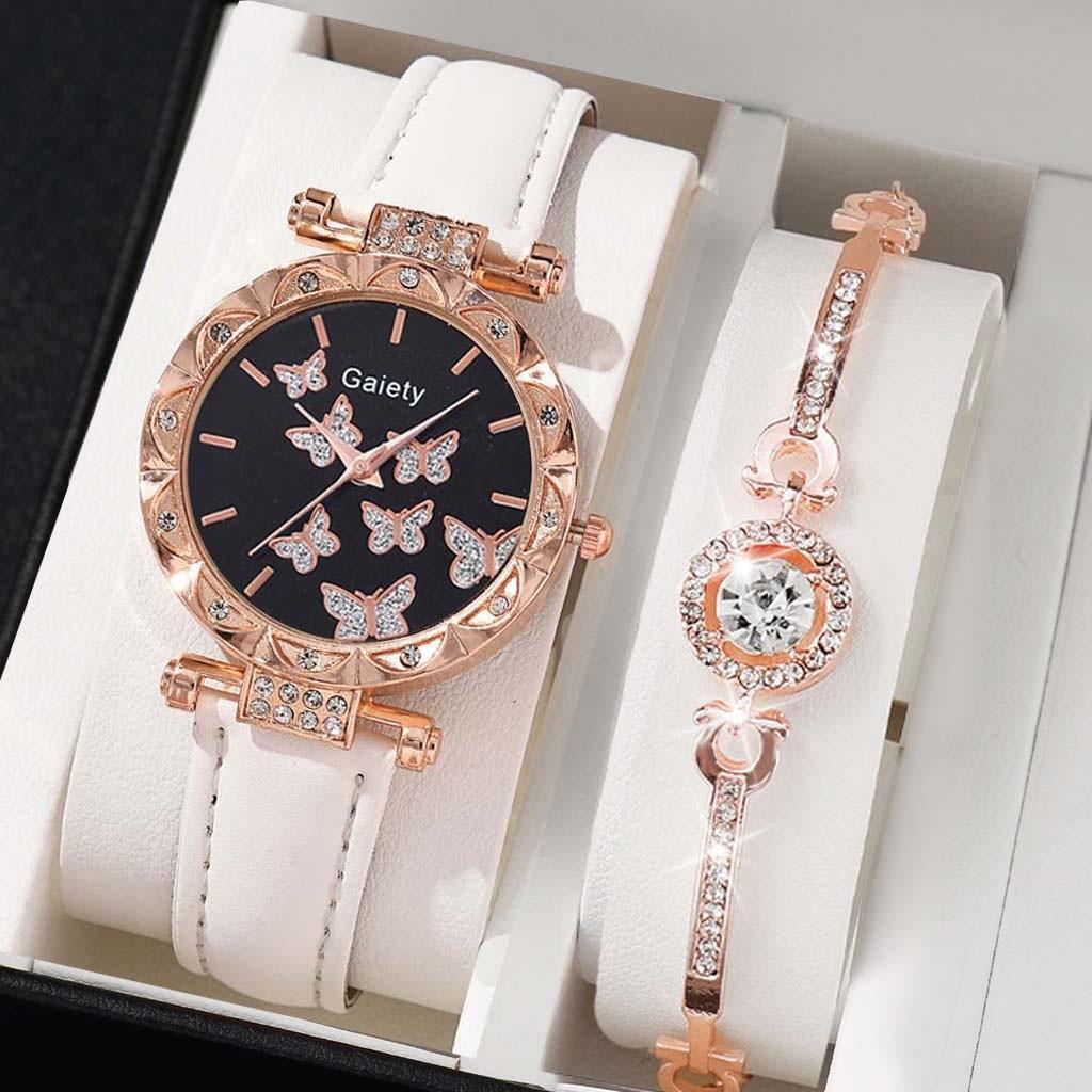 2Pcs Set Jam Tangan Wanita Dial Berlian Tali Jam Tangan Kulit Tali Jam Tangan Kupu-Kupu Aksesori Fas