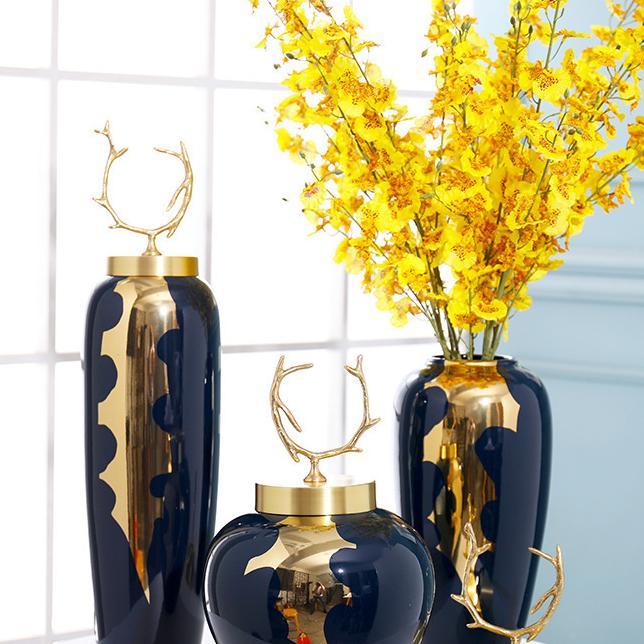 Vas Bunga Keramik Tanpa Tutup Navy Gold & Jade Green Gold / Guci Keramik / Pajangan Meja