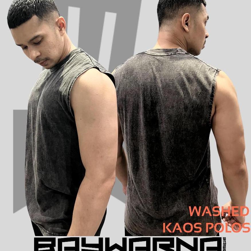 Baywarna Kaos Singlet Washed Polos Oversize Katun Combed24S Washed Unisex Singlet Polos Tshirt