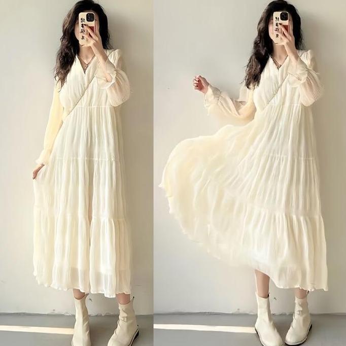 Pilihan - Gaun Wanita Cream Sifon Lengan Panjang Warna Putih Casual Long Dress Home Dress Busui M505