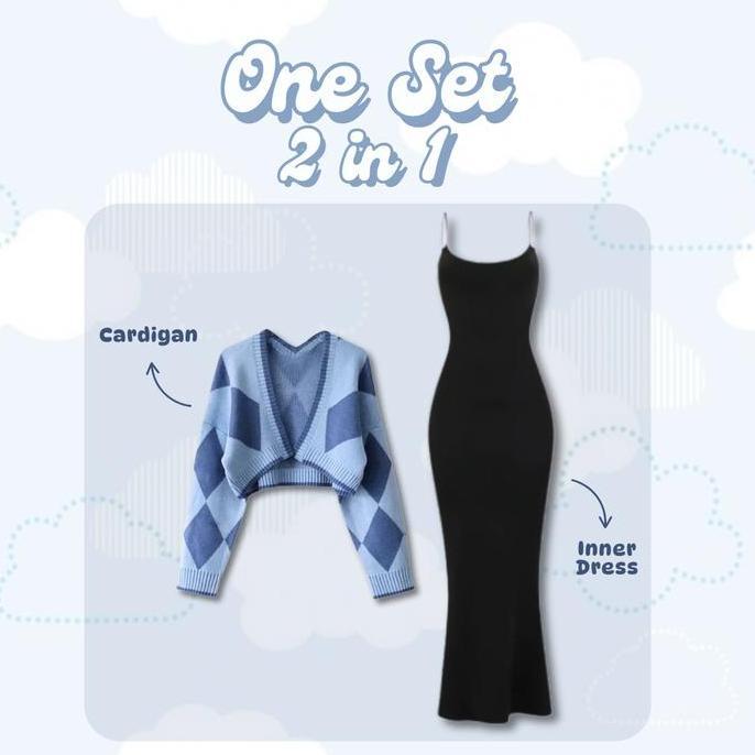 Relig- N Style One Set 3 In 1 | Cardan Rajut Biru + Inner Dress Slim-Fit + Bella Square Denim | Uc68