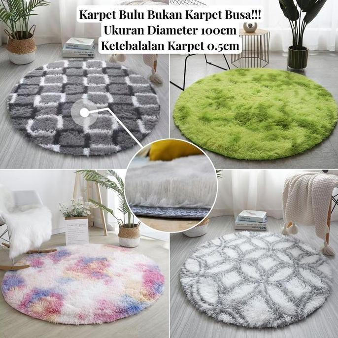 KARPET BULU BULAT MOTIF & OMBRE DIAMATER 100CM/KARPET BULU LANTAI BULAT AMBAL BUSA