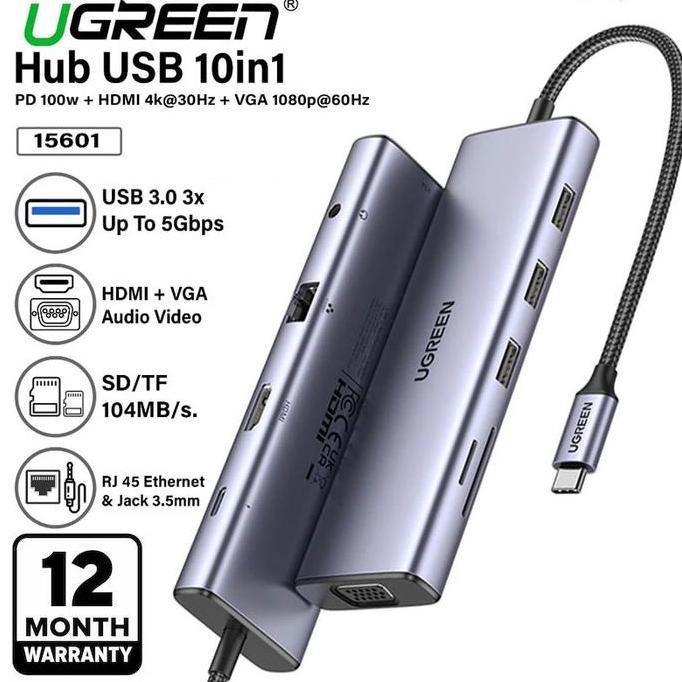 Ugreen 15601 10 in 1 Type-C Male to C HDMI VGA RJ45 LAN SD Micro SD Jack 3.5mm Audio Aux 3x USB 3.0 