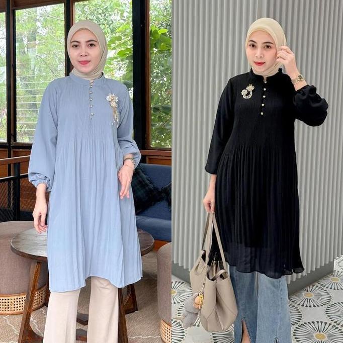 BELLE PLEATED TUNIC | Pleated Long Tunic | Tunic Plisket Wanita Premium | Tunic Korean Look | Tunik 