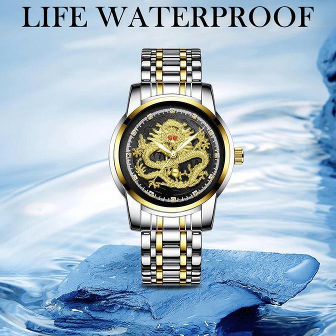 Clock- Sunlifex Jam Tangan Pria Naga Emas Stainless Steel Dragon Gold Quartz