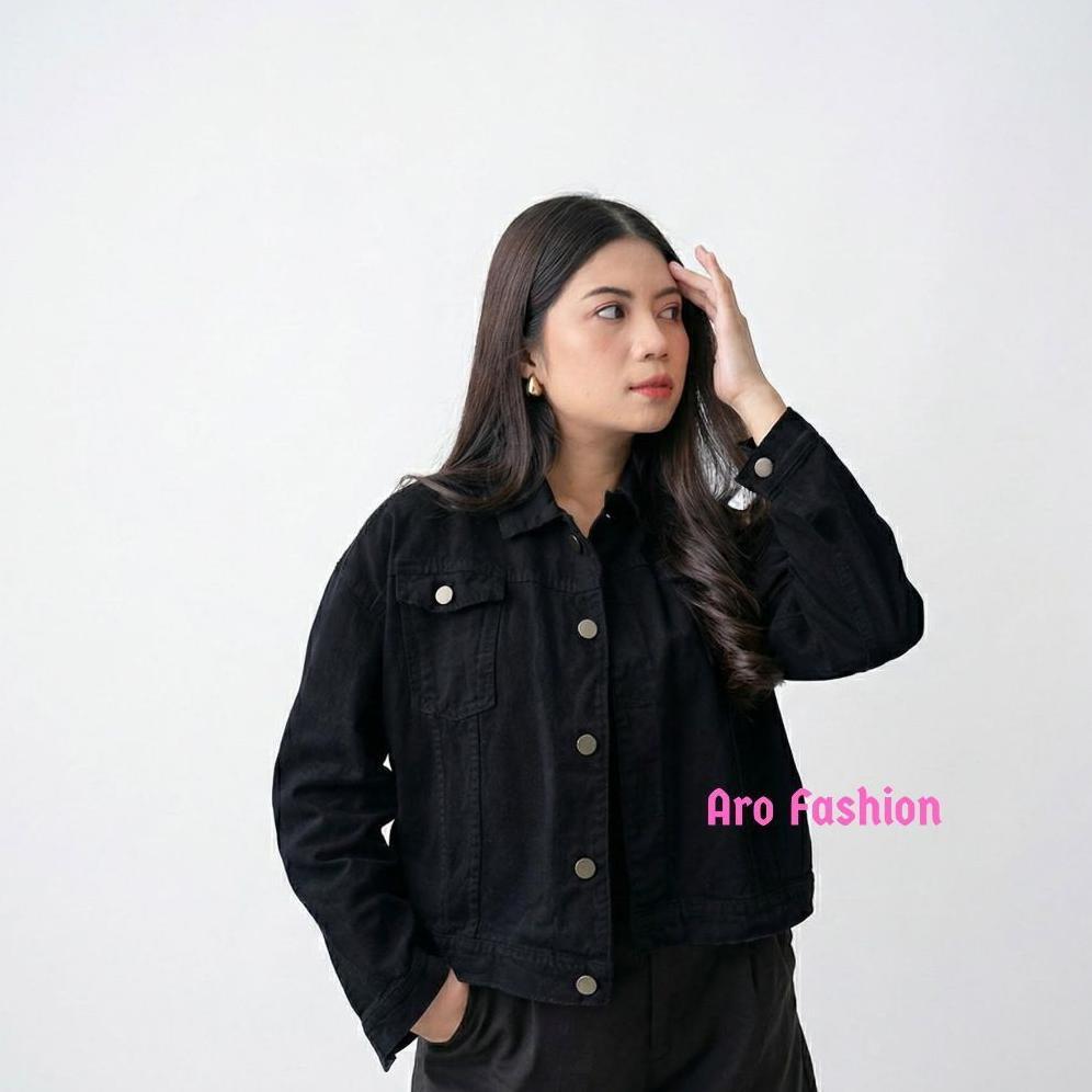 BEST SALE Jacket Jeans Crop Wanita Lengan Panjang Kancing Besi Kira | Off-White Denim Outer Bahan Je