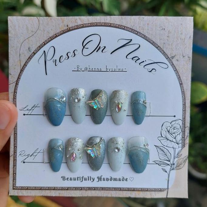 Press on nails Blue Cinderella/fake nails/kuku palsu wedding/kuku palsu/custom nail art/custom nails