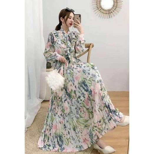 [RARA]Maxi dress motif bunga panjang wanita plisket pita leher gamis muslim Maxi Rayon