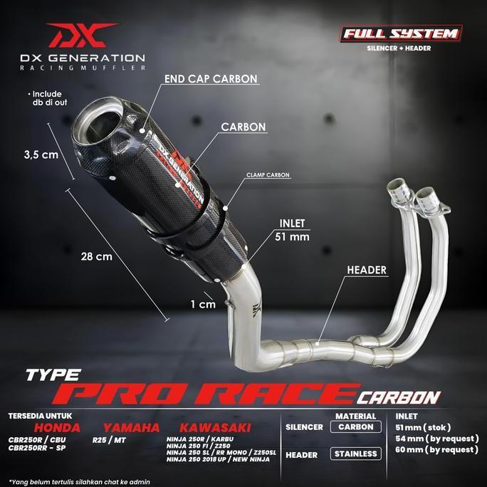 Knalpot Dx Pro Race Carbon Fullsystem new ninja R25 cbr 250 rr mt 25