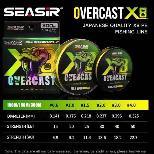 Seasir Overcast Pe X8 Senar Pancing 100M300M 6.8Kg22.7Kg Braided Fishing S 8 Untaian Kepang Senar Pe