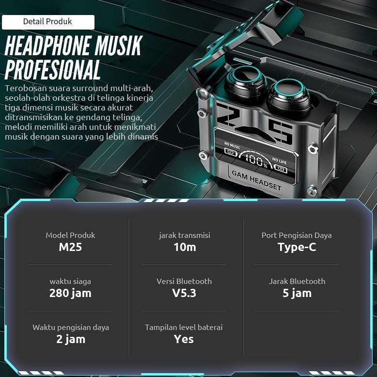 TERBARU TWS M25 HEADSET BLUETOOTH GAMING EARPHONE WIRELESS BASS HEADPHONE BLUETOOTH 5.3 FULL BASS HE