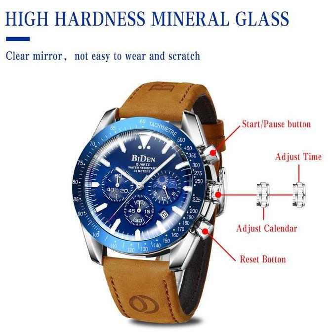 Orologio- Biden Jam Tangan Pria Anti Air Kulit Bisnis Santai Pria Display Kuarsa Otomatis Date Luxur