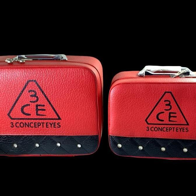 Set 2pcs Tas Kosmetik 3CE Koper Makeup Professional dengan Cermin Warna Merah Fashionable 3 Concept 