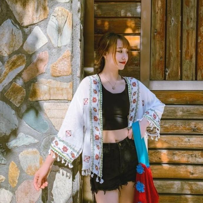 Outer Kimono Boho Tassel Baju Luaran Wanita Lengan Panjang Bohemian Cardigan Kardigan LS