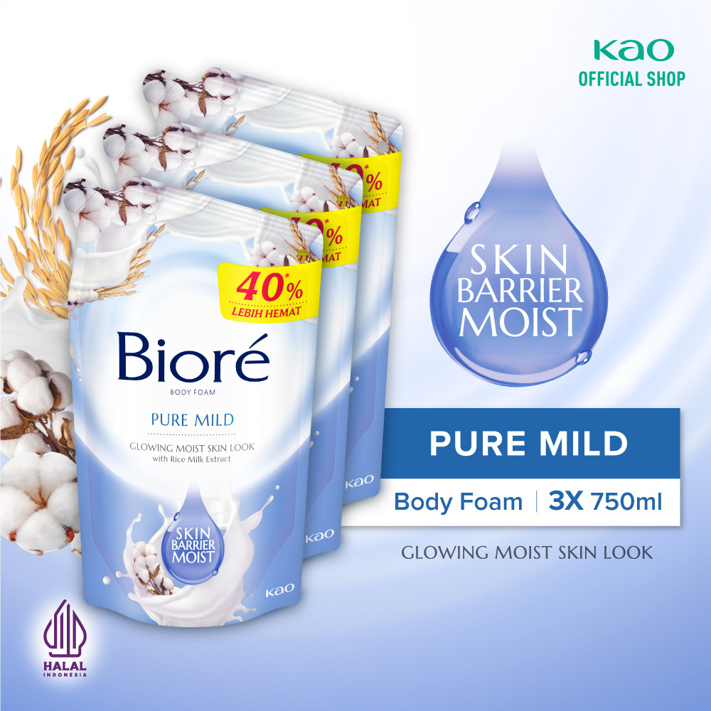 Biore Body Foam Sabun Mandi Cair Pure Mild Pouch 750ml Triplepack