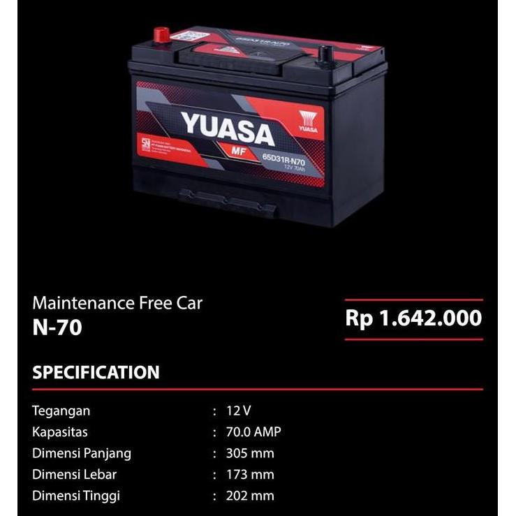 Aki Mobil Yuasa N70 Maintenance Free 12V 70Ah Accu Kering MF Cargo