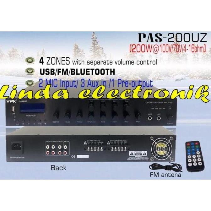 4 zones ampli vpk pas200uz 200 watt 100v 70v 4 16ohm vpk pas 200uz