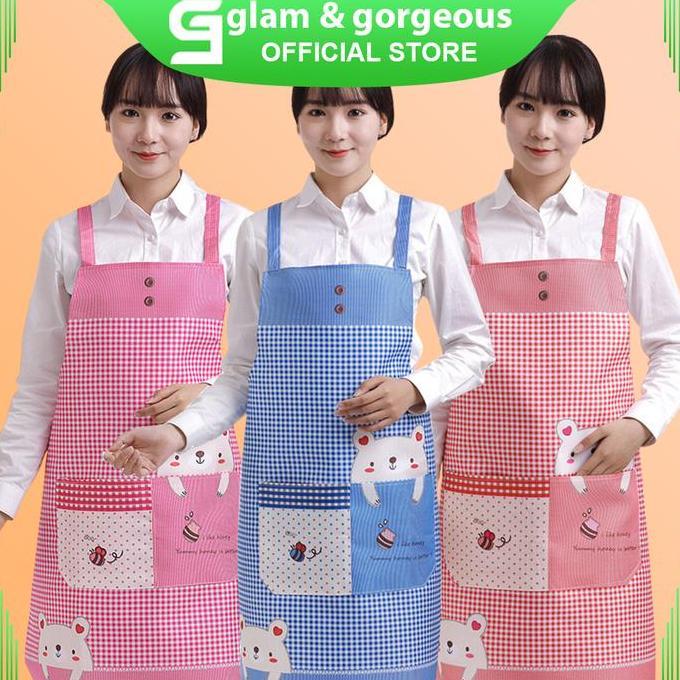 Set- Apron Celemek Masak Barista Dapur Motif Beruang Terproof Cm010