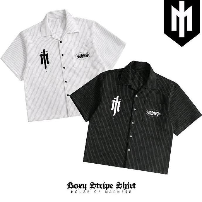 Kemeja katun STRIPE Madness Works LOGO Workshirt Pria skena Streetwear Premium Oversize