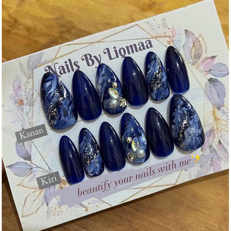 KUKU PALSU NAVY PREMIUM PERMATA RUNCING / NAIL ART WEDDING