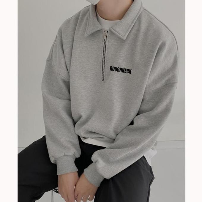 PREMIUM / Sweater Zipper Roughneck Font Teks Hitam  Pria Wanita / Crewneck Half Zip Korean Style / S