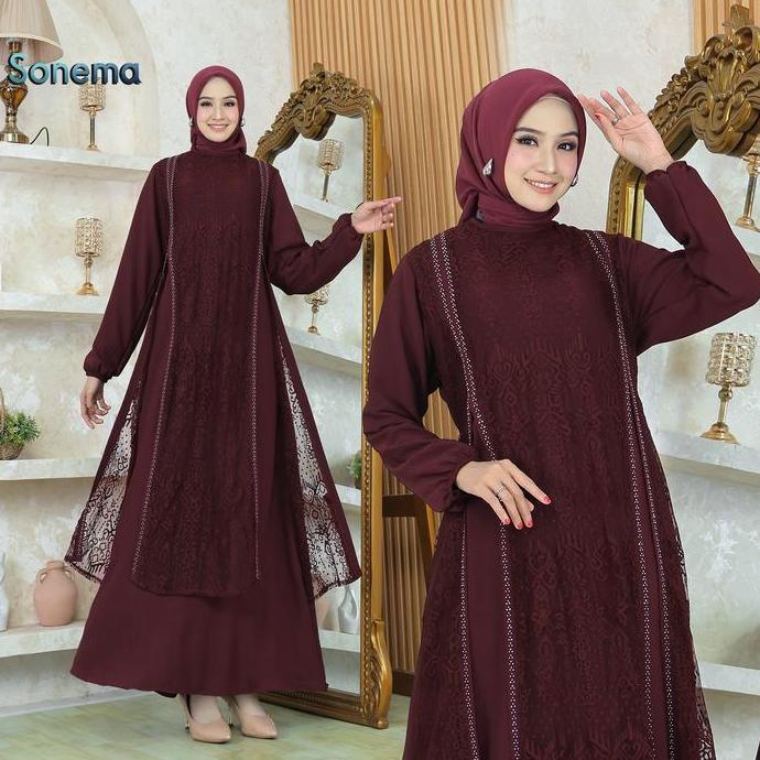Gamis Sonema Crinkekel Air Flow Kombinasi Brokat Simple Elegan