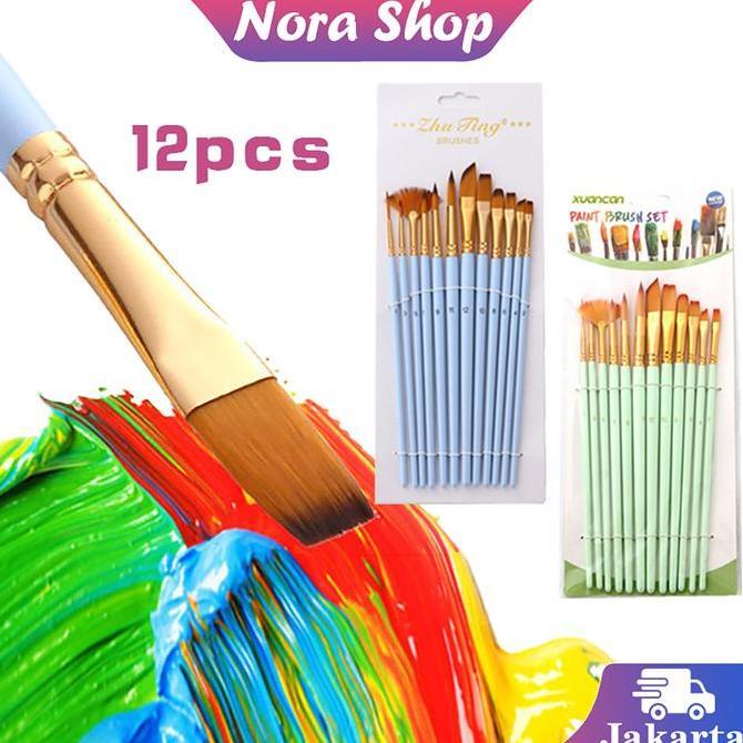 ATHHINE 12pcs Kuas Lukis Set Kuas Cat Minyak Nilon Kuas Melukis Lengkap Perlengkapan Seni