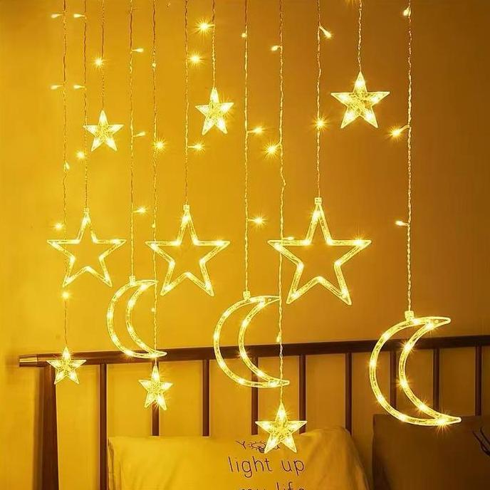 DEFAECO 4M Lampu Tirai Bulan Bintang Besar Lampu Tirai Ketupat Bintang Bulan Sabit Dekorasi Ramadan